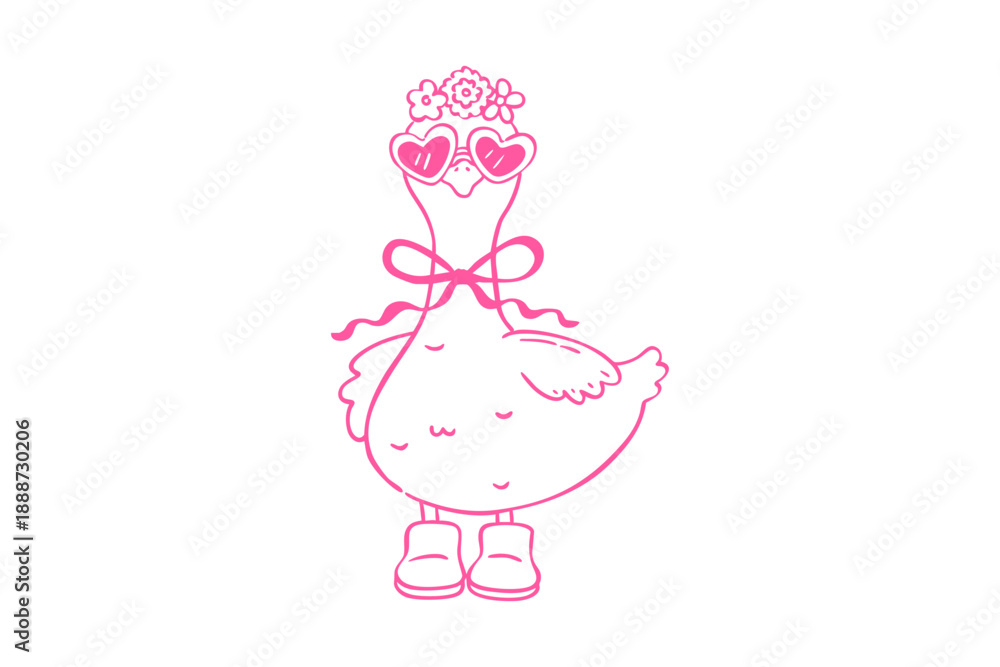 Obraz premium Spring goose clipart cute pink line art illustration of a princess goose wearing a crown and heartshaped glasses, tied with a bow