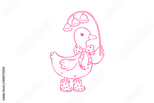 Spring goose clipart cute duckling wearing rain boots and holding lily of the valley flowers, outline drawing in pink color