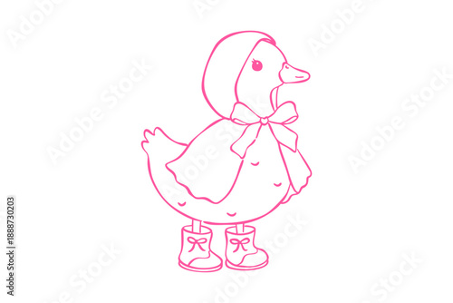 Spring goose clipart cute handdrawn outline of a little duck wearing a bonnet and rain boots, simple sketch illustration for childrens book or nursery decor