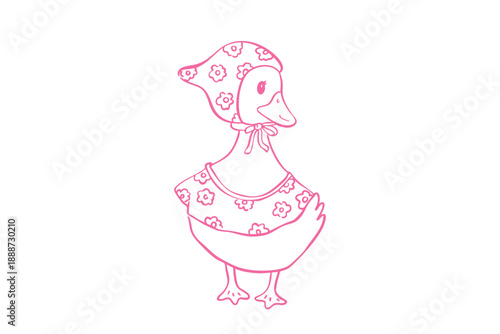 Spring goose clipart charming pink line art drawing of a duckling wearing a floral bonnet and dress, whimsical character illustration