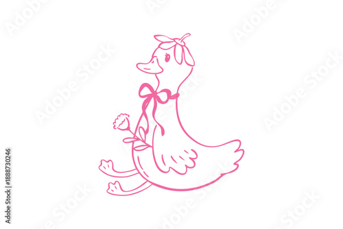 Spring goose clipart cute pink line art drawing of a sitting duckling wearing a bow and holding a small flower