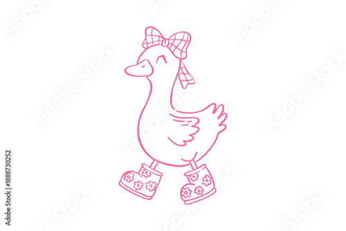 Spring goose clipart cute cartoon duckling wearing rain boots and a bow, simple outline drawing in pink
