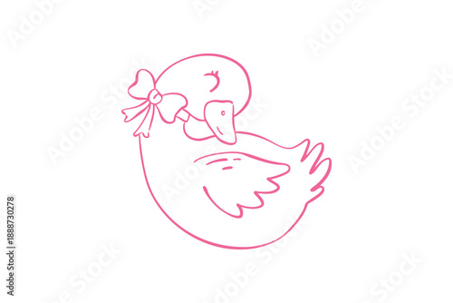 Spring goose clipart cute pink line art drawing of a little duckling with a bow on its head