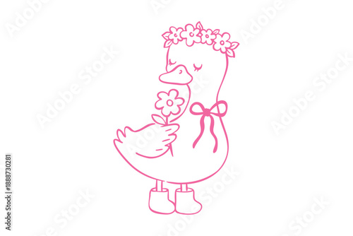 Spring goose clipart cute pink line art duckling wearing a flower crown and holding a daisy, charming baby animal illustration for nursery decor or greeting cards