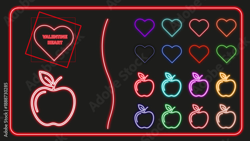 Neon Valentine Heart and Apple Icons Set - Colorful Luminous Glowing Design Elements on Black Background