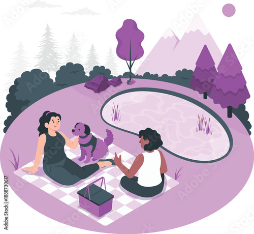 Two women and a dog enjoying a serene picnic in a peaceful park surrounded by trees and mountains