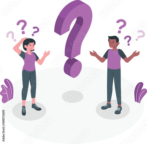 Two individuals perplexed by a giant question mark surrounded by confusion and uncertainty in an illustrative representation