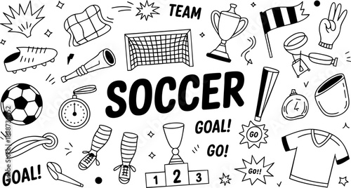Soccer Doodle Vector Illustration – Football Icons, Medals, Trophy, and Team Sport Elements EPS
