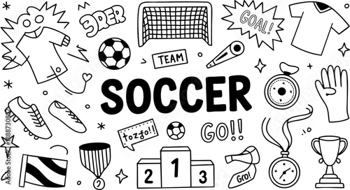 Soccer Doodle Vector Illustration – Football Icons, Medals, Trophy, and Team Sport Elements EPS