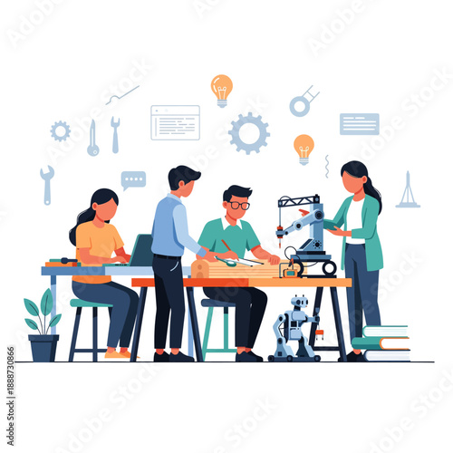 A diverse group of students or engineers collaboratively working on robotics and technology projects in a modern workshop setting, surrounded by tools and innovative ideas.