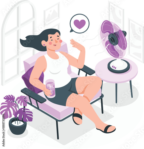 Woman relaxing on a purple chair with a fan and drink in a modern living room interior