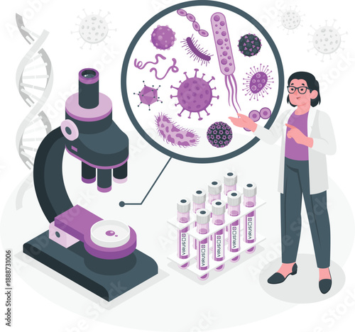 Scientist examining microscopic organisms and cells through a microscope in a laboratory setting with test tubes nearby