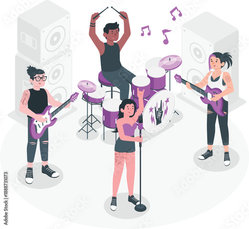 Band Performing Live on Stage with Energetic Musicians and Vibrant Instruments