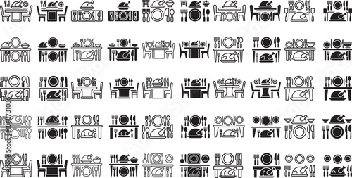 Black and white illustration set of various table settings with plates and utensils in different arrangements for restaurant or dining concepts