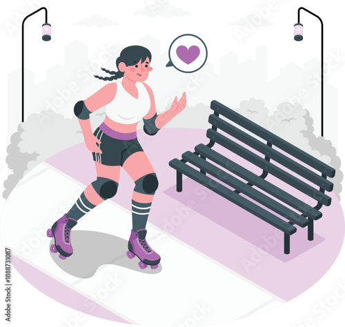 A young woman roller skating in a park with a bench and trees in the background