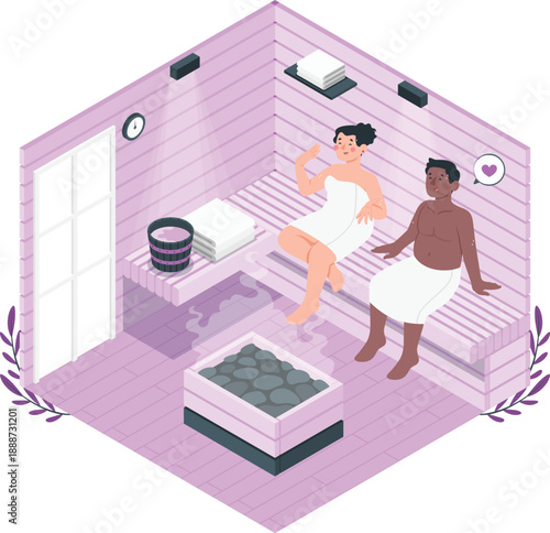 Two men relaxing in a modern sauna with wooden benches and a hot tub, isometric illustration