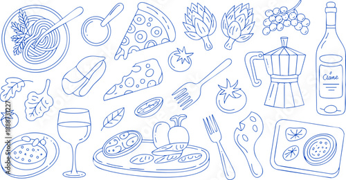 Italian Food and Pasta Line Art Illustration – Pizza, Wine, Cheese, and Herbs Vector Collection