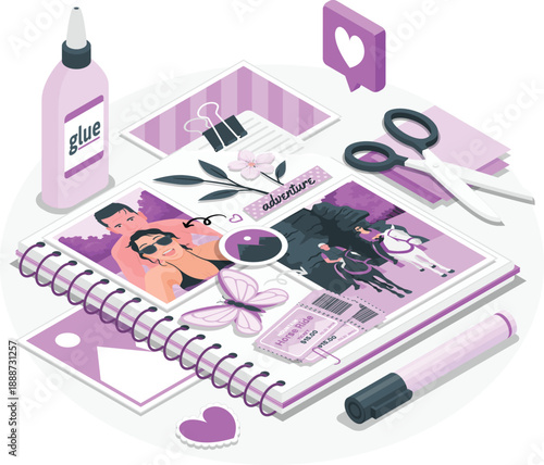 Crafting a vision board with cutouts, photographs, and stationery supplies on a white desk