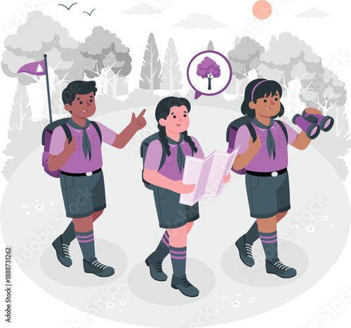 Students on a nature walk, exploring the outdoors, observing trees, and using maps in a serene landscape.