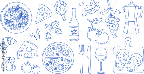 Italian Food and Pasta Line Art Illustration – Pizza, Wine, Cheese, and Herbs Vector Collection