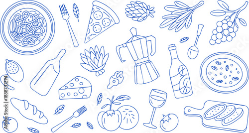 Italian Food and Pasta Line Art Illustration – Pizza, Wine, Cheese, and Herbs Vector Collection