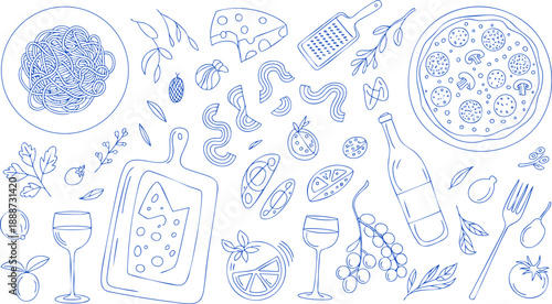 Italian Food and Pasta Line Art Illustration – Pizza, Wine, Cheese, and Herbs Vector Collection