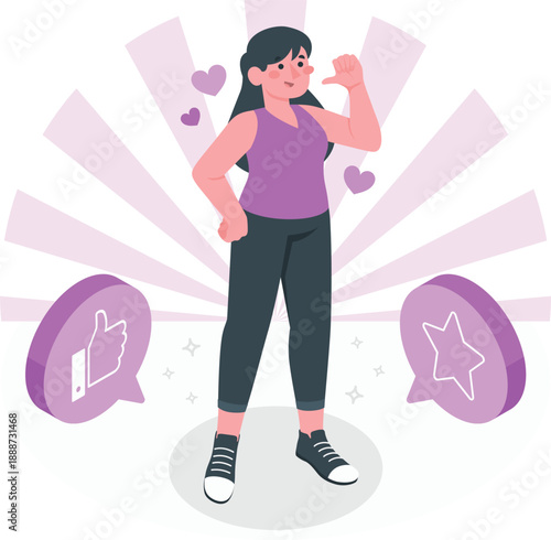 A young woman celebrating success with social media icons around her in a dynamic illustration