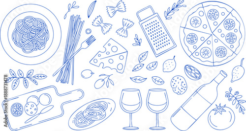 Italian Food and Pasta Line Art Illustration – Pizza, Wine, Cheese, and Herbs Vector Collection