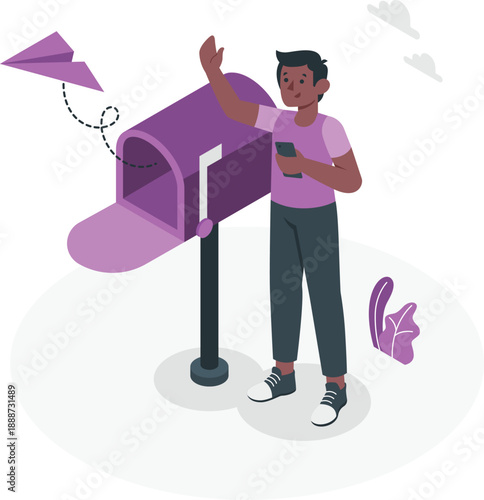 Man standing beside purple mailbox, holding smartphone, with letter flying out
