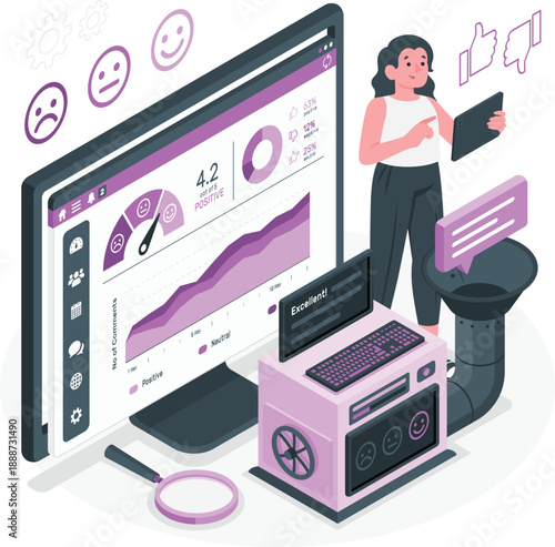 A woman analyzes data on a computer and a large screen displaying analytics and feedback from various sources