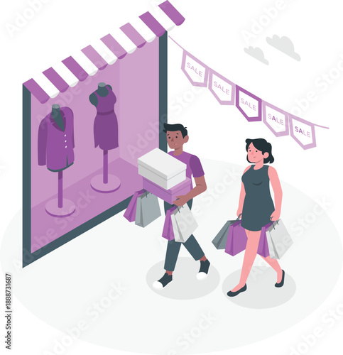 Man delivering purchases to woman walking outside retail storefront with clothing displays and shopping bags in a vibrant shopping scene