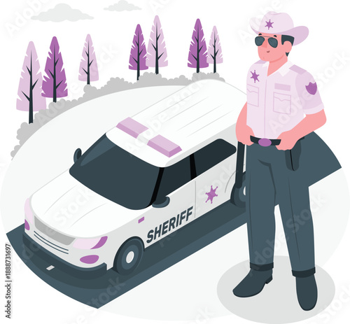 Sheriff standing beside police car in a serene landscape with trees and clouds from a straightforward viewpoint