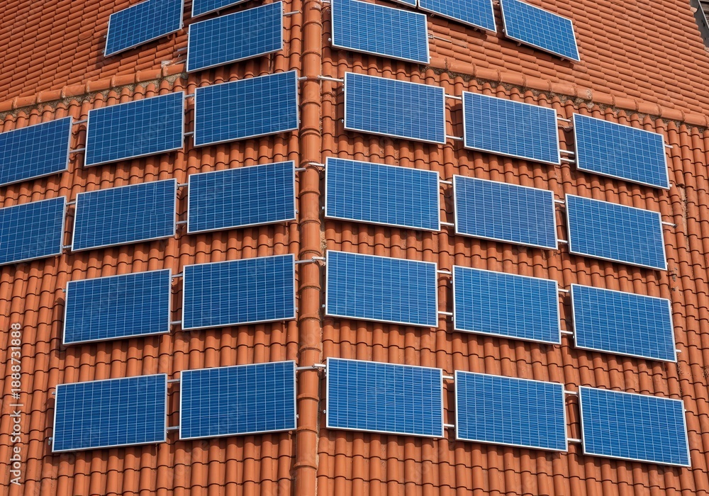 Fototapeta premium Multiple blue photovoltaic modules are mounted across a reddish-brown ceramic tile roof surface