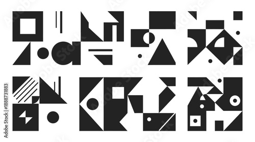 Dynamic abstract geometric patterns: versatile black and white iconic design elements pack