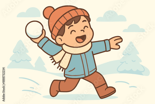 Cheerful Boy Enjoying Winter Fun with Snowball Fight.