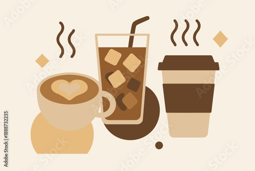 Coffee Collection - Hot Latte, Iced Coffee, and Takeout Cup.
