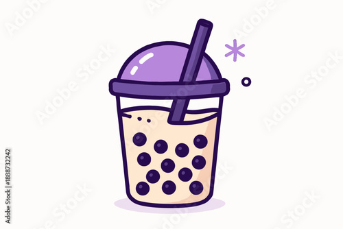Cartoon Boba Tea Illustration with Purple Lid and Straw.