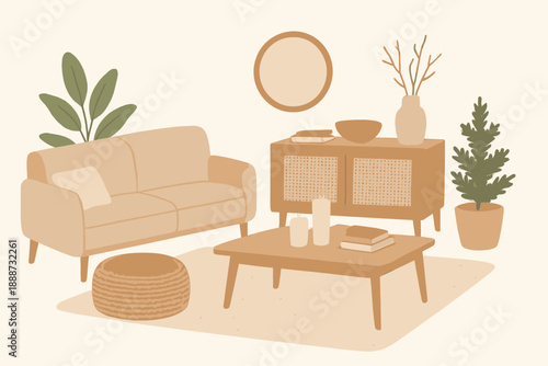 Cozy Living Room Interior Design with Neutral Tones.