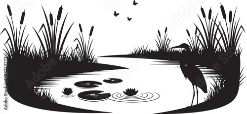 Serene black and white illustration of a peaceful pond scene
