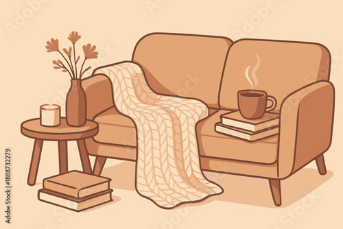 Cozy Living Room Scene with Couch, Blanket, and Hot Drink.