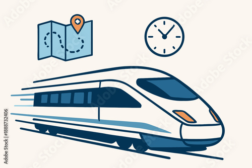 High-Speed Train Illustration with Map and Clock Icons.