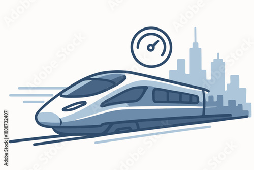 High-Speed Train Illustration with Cityscape and Speedometer Icon.