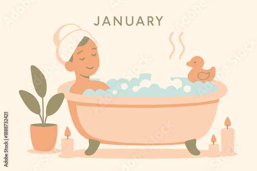 January Illustration - Woman Relaxing in a Bubble Bath with Rubber Duck.