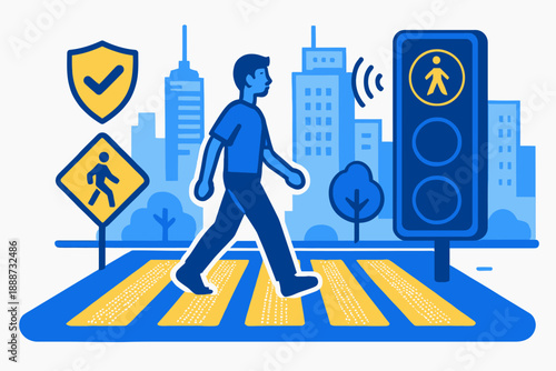 Pedestrian Safety Illustration - Man Crossing Street at Crosswalk.