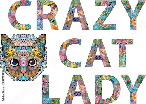 Words CRAZY CAT LADY. Vector zentangle object for decoration