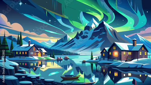 Very beautiful northern lights glow above Tromsø, Norway, reflecting over snowy landscapes at Rørvikneset Sommarøy, capturing the peaceful charm of Arctic winter and polar night scenery.