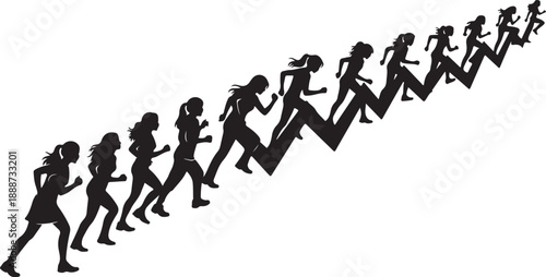 Silhouettes of women running up stairs in a line
