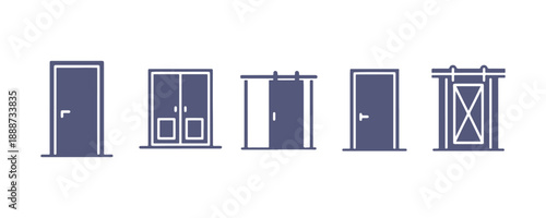 A simple door icon set available in outline, solid, and flat styles. This clean and modern vector design is presented on a white background, making it perfect for UI, web, app, signage