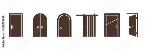 A streamlined collection of door icons in outline, solid, and flat styles. This clean and contemporary vector design is isolated on a white background, making it suitable for UI, web, app, signage