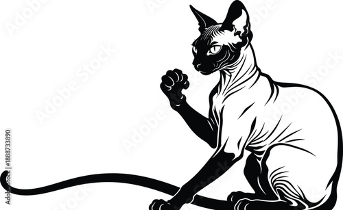 Sphynx cat sitting elegantly with raised paw in modern style